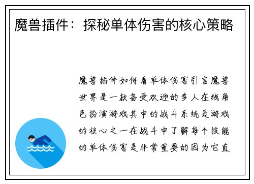 魔兽插件：探秘单体伤害的核心策略